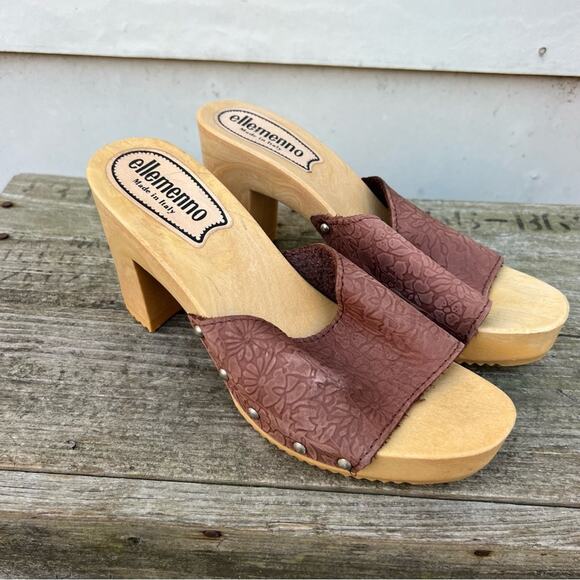 Vintage Ellemenno Made in Italy Brown Tooled Leather Heeled Slide in Mules 8M - Picture 1 of 7